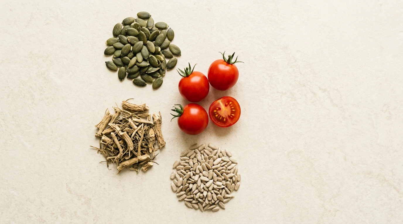 Pompoenzaad, brandnetelwortel, tomaten en zink-rijke voedingsmiddelen - ingrediënten Alpha Drive supplement